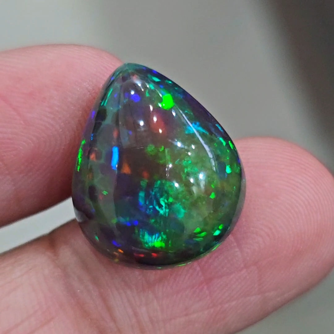14.2Cts Natural Ethiopian Black Opal Cabochon | Pear | 19x16mm | Smoked